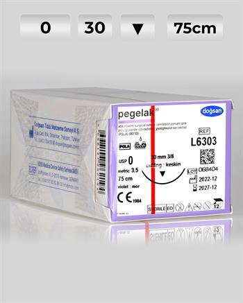 L6303 DOĞSAN Pegelak 0 30 3/8 Keskin (▼) 75cm PGLA Emilebilir Sütür 12 Ad./Pkt