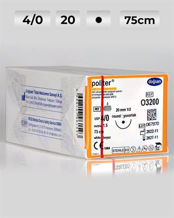 O3200 DOĞSAN Politer 4/0 20 1/2 Yuvarlak (●) 75cm Polyester Emilemeyen Sütür 12 Ad./Pkt
