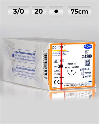 O4200 DOĞSAN Politer 3/0 20 1/2 Yuvarlak (●) 75cm Polyester Emilemeyen Sütür 12 Ad./Pkt