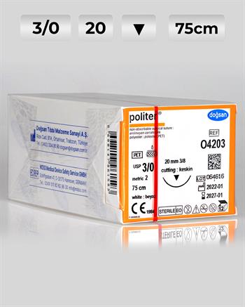 O4203 DOĞSAN Politer 3/0 20 3/8 Keskin (▼) 75cm Polyester Emilemeyen Sütür 12 Ad./Pkt