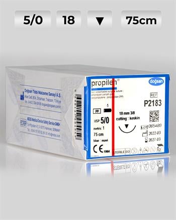 P2183 DOĞSAN Propilen 5/0 18 3/8 Keskin (▼) 75cm Polipropilen Emilemeyen Sütür 12 Ad./Pkt