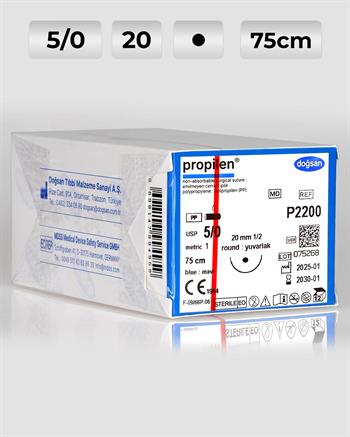 P2200 DOĞSAN Propilen 5/0 20 1/2 Yuvarlak (●) 75cm Polipropilen Emilemeyen Sütür 12 Ad./Pkt