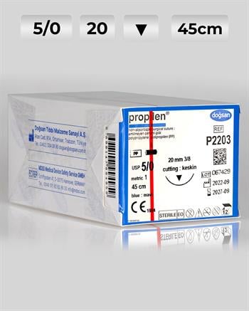 P2203 DOĞSAN Propilen 5/0 20 3/8 Keskin (▼) 45cm Polipropilen Emilemeyen Sütür 12 Ad./Pkt