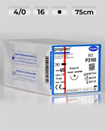 P3160 DOĞSAN Propilen 4/0 16 1/2 Yuvarlak (●) 75cm Polipropilen Emilemeyen Sütür 12 Ad./Pkt