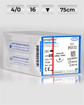 P3173 DOĞSAN Propilen 4/0 16 3/8 Keskin (▼) 75cm Polipropilen Emilemeyen Sütür 12 Ad./Pkt
