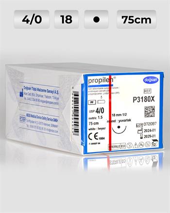 P3180X DOĞSAN Propilen 4/0 18 1/2 Yuvarlak (●) 75cm Polipropilen Emilemeyen Sütür 12 Ad./Pkt