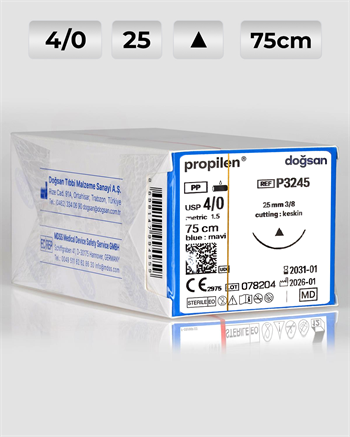 P3245 DOĞSAN Propilen 4/0 25 3/8 Keskin (Δ) 75cm Polipropilen Emilemeyen Sütür 12 Ad./Pkt