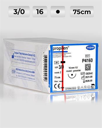 P4160 DOĞSAN Propilen 3/0 16 1/2 Yuvarlak (●) 75cm Polipropilen Emilemeyen Sütür 12 Ad./Pkt