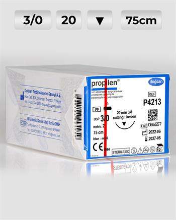P4213 DOĞSAN Propilen 3/0 20 3/8 Keskin (▼) 75cm Polipropilen Emilemeyen Sütür 12 Ad./Pkt