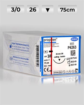 P4263 DOĞSAN Propilen 3/0 26 3/8 Keskin (▼) 75cm Polipropilen Emilemeyen Sütür 12 Ad./Pkt