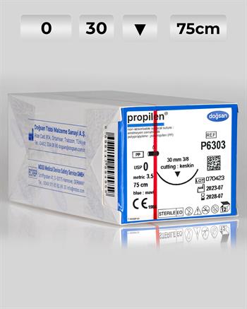 P6303 DOĞSAN Propilen 0 30 3/8 Keskin (▼) 75cm Polipropilen Emilemeyen Sütür 12 Ad./Pkt