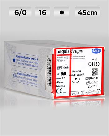 Q1160 DOĞSAN Pegelak Rapid 6/0 16 1/2 Yuvarlak (●) 45cm PGLA Emilebilir Sütür 12 Ad./Pkt