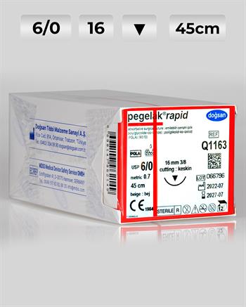 Q1163 DOĞSAN Pegelak Rapid 6/0 16 3/8 Keskin (▼) 45cm PGLA Emilebilir Sütür 12 Ad./Pkt
