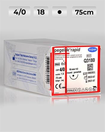 Q3180 DOĞSAN Pegelak Rapid 4/0 18 1/2 Yuvarlak (●) 75cm PGLA Emilebilir Sütür 12 Ad./Pkt