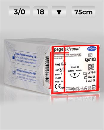Q4183 DOĞSAN Pegelak Rapid 3/0 18 3/8 Keskin (▼) 75cm PGLA Emilebilir Sütür 12 Ad./Pkt