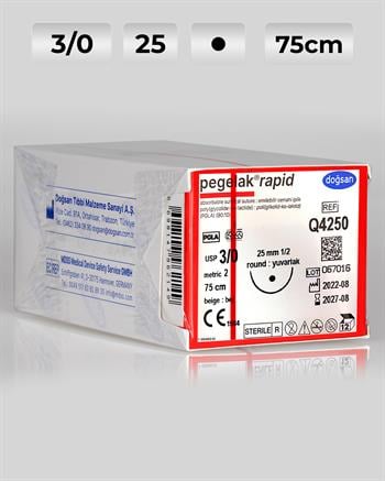 Q4250 DOĞSAN Pegelak Rapid 3/0 25 1/2 Yuvarlak (●) 75cm PGLA Emilebilir Sütür 12 Ad./Pkt