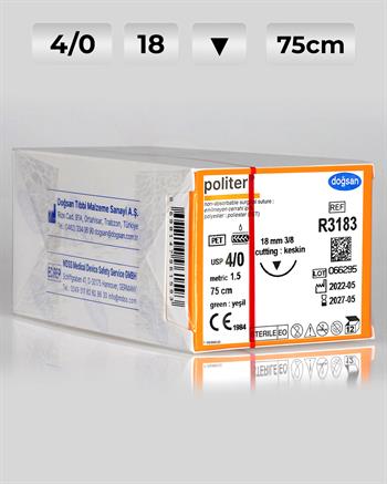 R3183 DOĞSAN Politer 4/0 18 3/8 Keskin (▼) 75cm Polyester Emilemeyen Sütür 12 Ad./Pkt