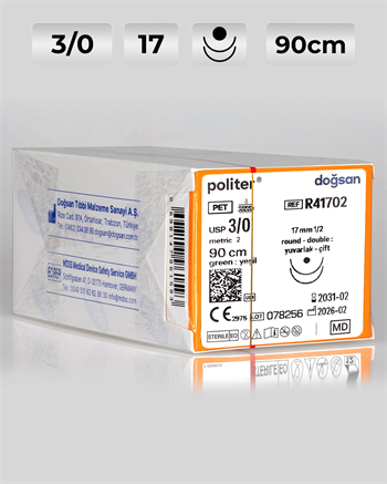 R41702 DOĞSAN Politer 3/0 17 1/2 Yuvarlak (●),çift 90cm Polyester Emilemeyen Sütür 12 Ad./Pkt