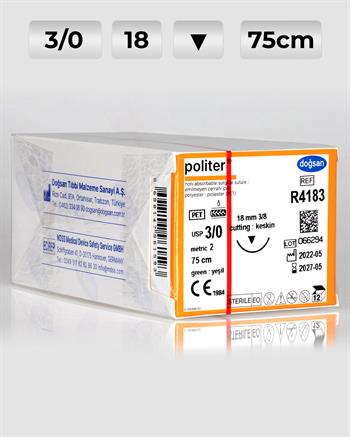 R4183 DOĞSAN Politer 3/0 18 3/8 Keskin (▼) 75cm Polyester Emilemeyen Sütür 12 Ad./Pkt