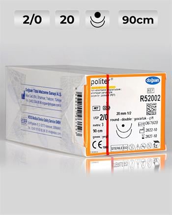 R52002 DOĞSAN Politer 2/0 20 1/2 Yuvarlak (●),çift 90cm Polyester Emilemeyen Sütür 12 Ad./Pkt