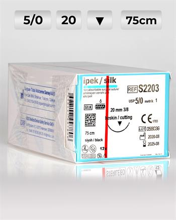 S2203 DOĞSAN İpek 5/0 20 3/8 Keskin (▼) 75cm İpek Emilemeyen Sütür 12 Ad./Pkt