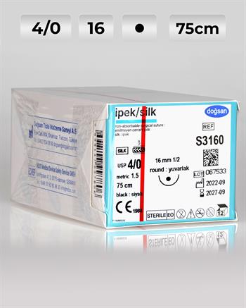 S3160 DOĞSAN İpek 4/0 16 1/2 Yuvarlak (●) 75cm İpek Emilemeyen Sütür 12 Ad./Pkt