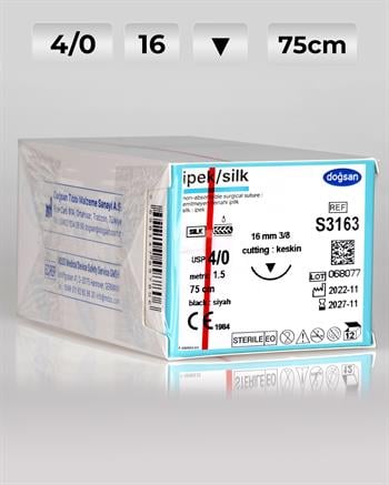 S3163 DOĞSAN İpek 4/0 16 3/8 Keskin (▼) 75cm İpek Emilemeyen Sütür 12 Ad./Pkt
