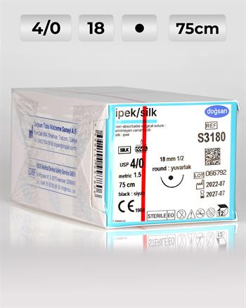 S3180 DOĞSAN İpek 4/0 18 1/2 Yuvarlak (●) 75cm İpek Emilemeyen Sütür 12 Ad./Pkt
