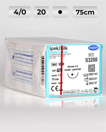 S3200 DOĞSAN İpek 4/0 20 1/2 Yuvarlak (●) 75cm İpek Emilemeyen Sütür 12 Ad./Pkt