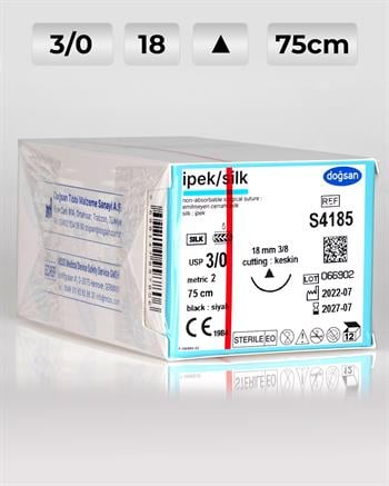 S4185 DOĞSAN İpek 3/0 18 3/8 Keskin (Δ) 75cm İpek Emilemeyen Sütür 12 Ad./Pkt