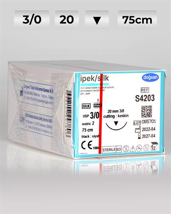 S4203 DOĞSAN İpek 3/0 20 3/8 Keskin (▼) 75cm İpek Emilemeyen Sütür 12 Ad./Pkt