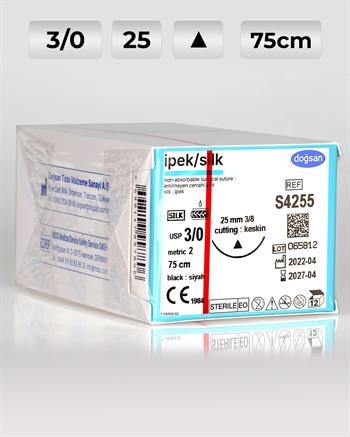 S4255 DOĞSAN İpek 3/0 25 3/8 Keskin (Δ) 75cm İpek Emilemeyen Sütür 12 Ad./Pkt