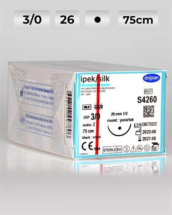 S4260 DOĞSAN İpek 3/0 26 1/2 Yuvarlak (●) 75cm İpek Emilemeyen Sütür 12 Ad./Pkt