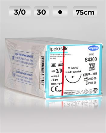 S4300 DOĞSAN İpek 3/0 30 1/2 Yuvarlak (●) 75cm İpek Emilemeyen Sütür 12 Ad./Pkt
