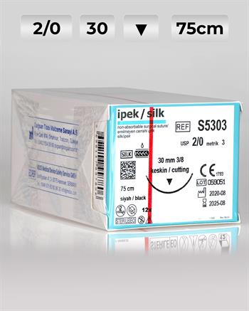 S5303 DOĞSAN İpek 2/0 30 3/8 Keskin (▼) 75cm İpek Emilemeyen Sütür 12 Ad./Pkt