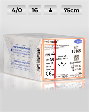 T3165 DOĞSAN Tekmon 4/0 16 3/8 Keskin (Δ) 75cm PGCL Emilebilir Sütür 12 Ad./Pkt