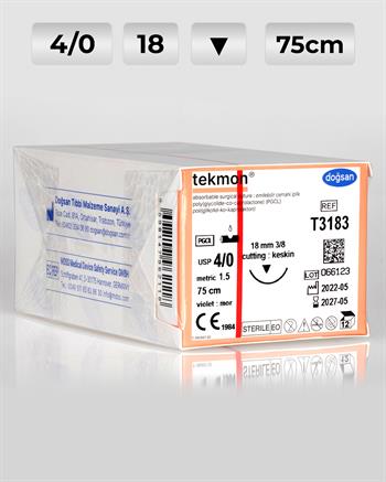 T3183 DOĞSAN Tekmon 4/0 18 3/8 Keskin (▼) 75cm PGCL Emilebilir Sütür 12 Ad./Pkt