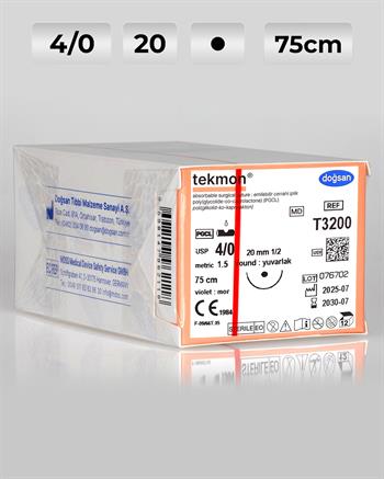 T3200 DOĞSAN Tekmon 4/0 20 1/2 Yuvarlak (●) 75cm PGCL Emilebilir Sütür 12 Ad./Pkt