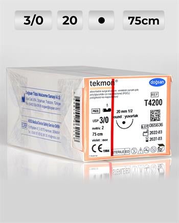 T4200 DOĞSAN Tekmon 3/0 20 1/2 Yuvarlak (●) 75cm PGCL Emilebilir Sütür 12 Ad./Pkt