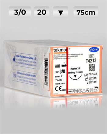 T4213 DOĞSAN Tekmon 3/0 20 3/8 Keskin (▼) 75cm PGCL Emilebilir Sütür 12 Ad./Pkt