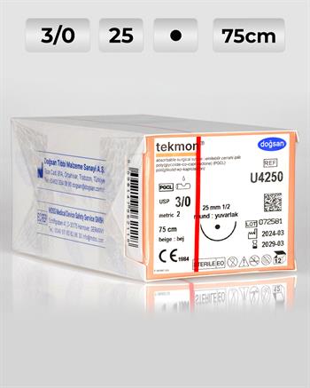 U4250 DOĞSAN Tekmon 3/0 25 1/2 Yuvarlak (●) 75cm PGCL Emilebilir Sütür 12 Ad./Pkt