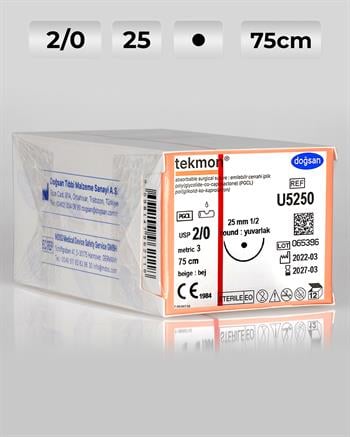 U5250 DOĞSAN Tekmon 2/0 25 1/2 Yuvarlak (●) 75cm PGCL Emilebilir Sütür 12 Ad./Pkt