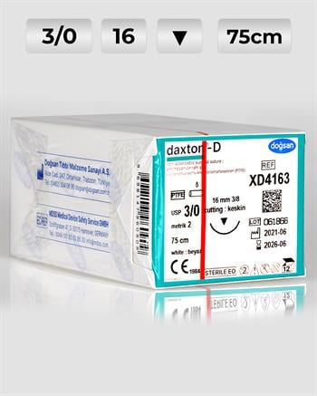 XD4163 DOĞSAN Daxton-D 3/0 16 3/8 Keskin (▼) 75cm TEFLON Emilemeyen Sütür 12 Ad./Pkt