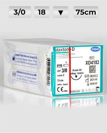XD4183 DOĞSAN Daxton-D 3/0 18 3/8 Keskin (▼) 75cm TEFLON Emilemeyen Sütür 12 Ad./Pkt
