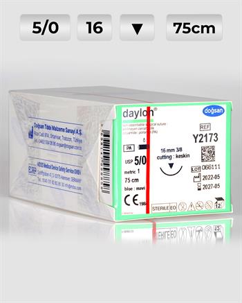 Y2173 DOĞSAN Daylon 5/0 16 3/8 Keskin (▼) 75cm Polyamid Emilemeyen Sütür 12 Ad./Pkt