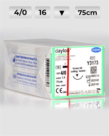 Y3173 DOĞSAN Daylon 4/0 16 3/8 Keskin (▼) 75cm Polyamid Emilemeyen Sütür 12 Ad./Pkt