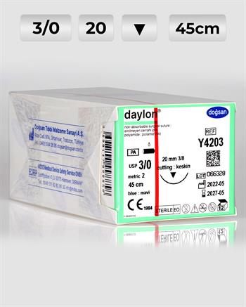 Y4203 DOĞSAN Daylon 3/0 20 3/8 Keskin (▼) 45cm Polyamid Emilemeyen Sütür 12 Ad./Pkt