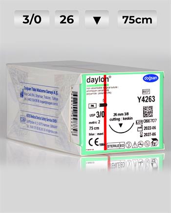 Y4263 DOĞSAN Daylon 3/0 26 3/8 Keskin (▼) 75cm Polyamid Emilemeyen Sütür 12 Ad./Pkt