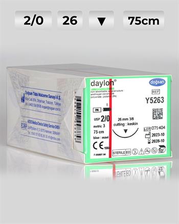Y5263 DOĞSAN Daylon 2/0 26 3/8 Keskin (▼) 75cm Polyamid Emilemeyen Sütür 12 Ad./Pkt