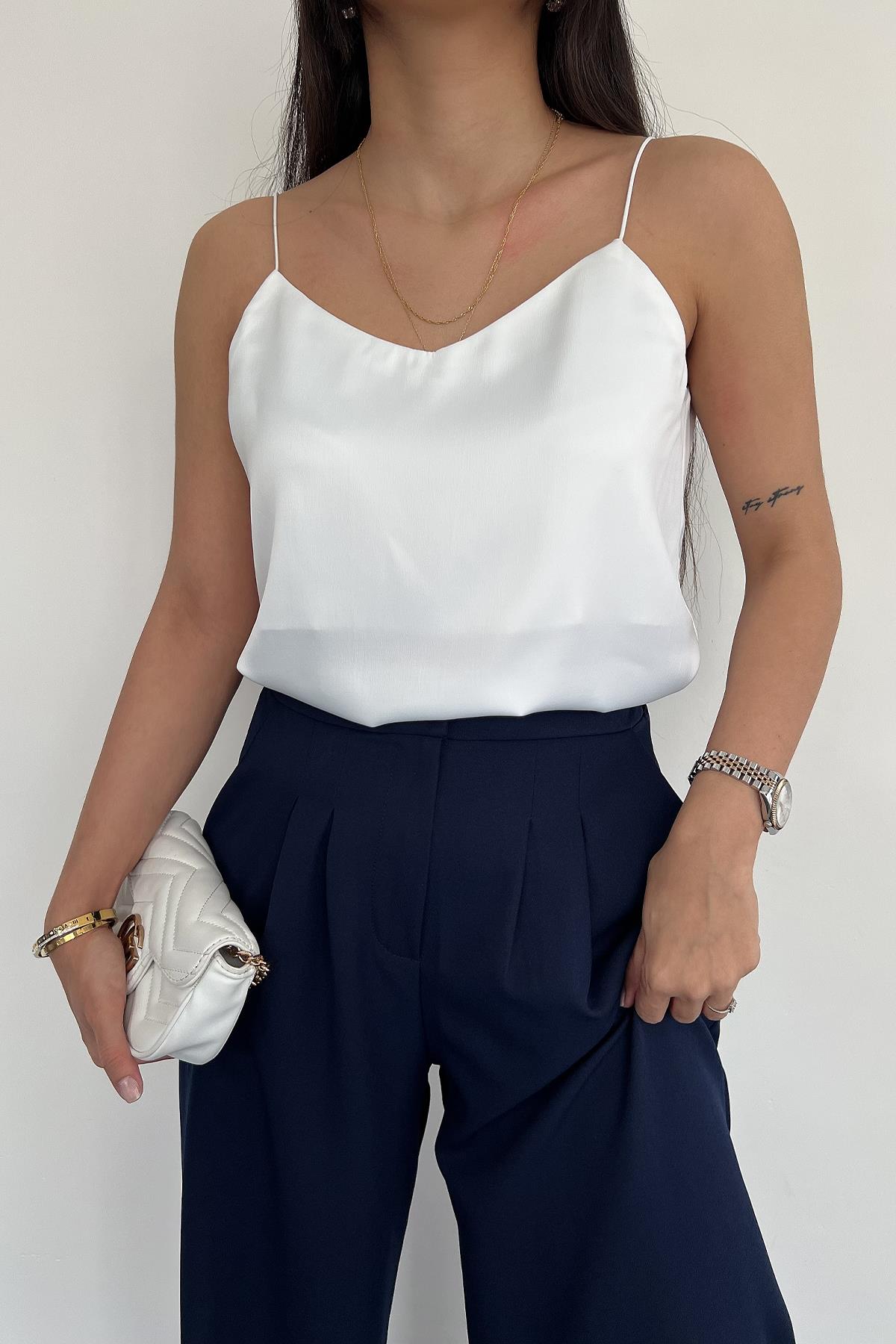 ASKILI SATEN BLUZ BEYAZ